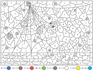 Cartoon spider decorates New Year tree. Addition and subtraction tasks. Color by number educational game