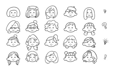 20種類の若い女性の顔　黒い輪郭線