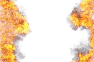 Fire 3D illustration of fiery magic wild fire frame isolated on white background - top and bottom are empty, fire lines from sides left and right
