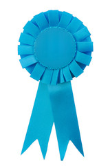 Achievement, certificate of quality and winner conceptual idea with blue satin award ribbon with...