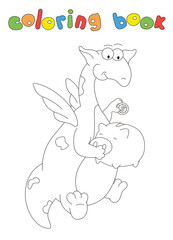 Cartoon green dragon puts a coin in the piggy bank. Coloring book for kids