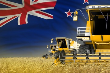 three yellow modern combine harvesters with New Zealand flag on farm field - close view, farming concept - industrial 3D illustration