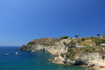 Fototapeta na wymiar Mediterranean sea with yacht and cliff. Natural panorama of the