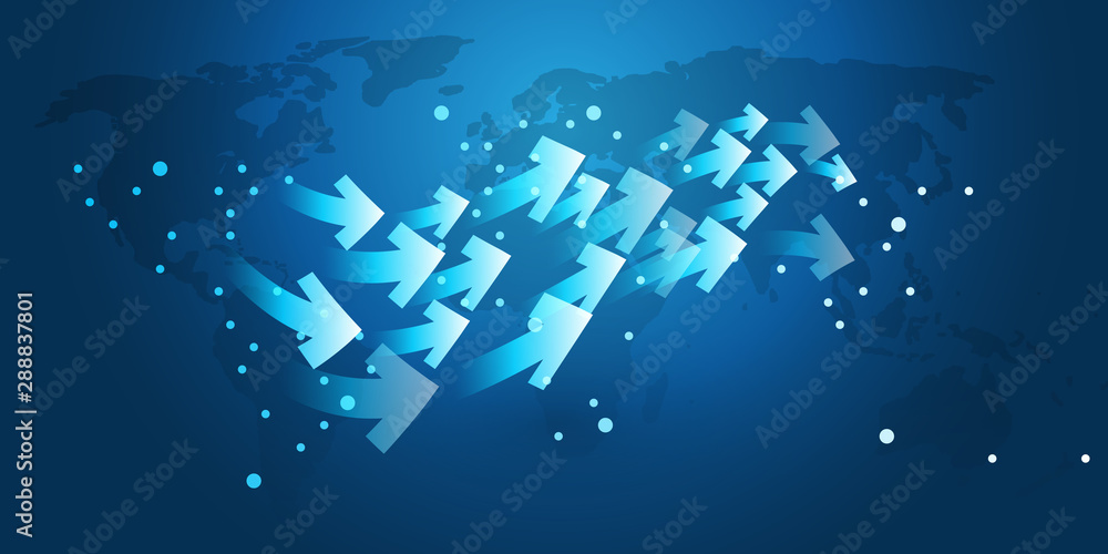 Poster business trading, global networks, data flow design concept with arrows and world map - vector templ