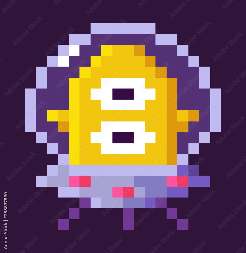 Poster character sitting in spaceship vector, alien floating in space, pixelated personage of 8 bit pixel g