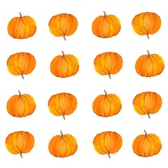 Watercolor Autumn Seamless Pattern. Background with hand painted orange pumpkins. Perfect for card making and scrapbooking