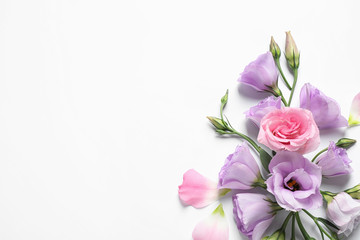 Fototapeta na wymiar Beautiful Eustoma flowers on white background, top view. Space for text