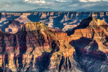 Grand Canyon View from North Rim with Bright Blue Sky at Sunset