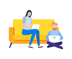 Man and woman working from home vector, team of freelancers with laptops flat style, lady sitting on couch and male on ground, programming and coding. Flat cartoon