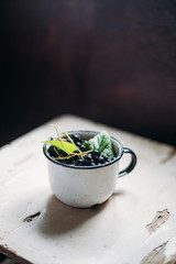 Black Currant in old pot  on retro background