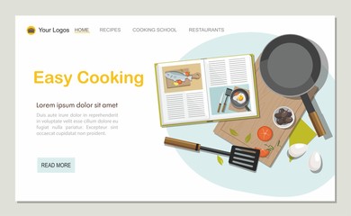 Landing page Cooking consept. Recipe book, frying pan and food. Top view