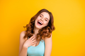 Photo of cheerful positive charming pretty lovely sweet girlfriend wearing turquoise singlet...