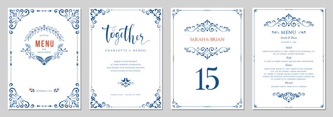 Ornate wedding invitation, menu, table number.  - obrazy, fototapety, plakaty