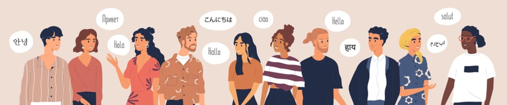 Multilingual Greeting Flat Vector Illustration. Hello In Different Languages. Diverse Cultures, International Communication Concept. Native Speakers, Friendly Men And Women Cartoon Characters.