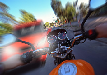 accident and frontal collision of a car with a motorcycle - 288840809