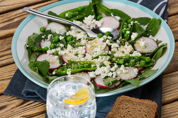 Summer Fresh Salad with Radish, Feta, Kale and Mint Leaves
