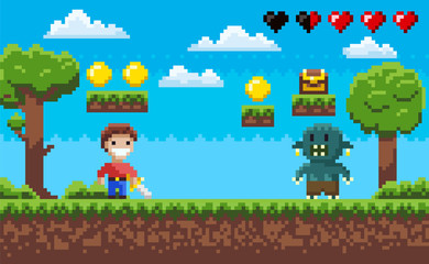 Pixel 8 bit retro game vector, character fighting against monster, health rate in form of hearts, zombie vs human, apocalypse. Trees and nature pixelated video-game