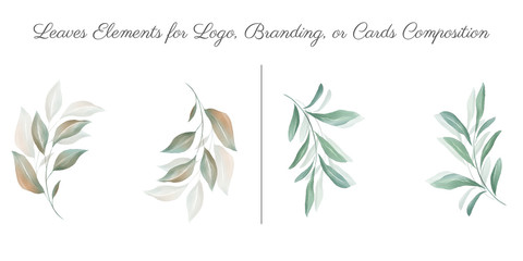 Hand drawn watercolor green leaves design elements. Illustration of leaf, branch, foliage for wedding, invitation, greeting cards, border compostion