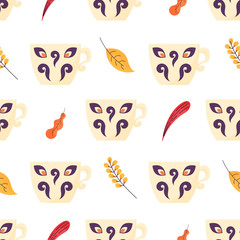 Seamless pattern with hygge autumn leaves and mugs.