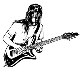 The Rock Guitarist Plays Solo - Black and White Drawing Illustration with Musician, Vector Graphic
