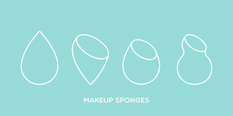 Makeup sponges. Icon set: several types of sponges in white outline. Vector illustration, flat design