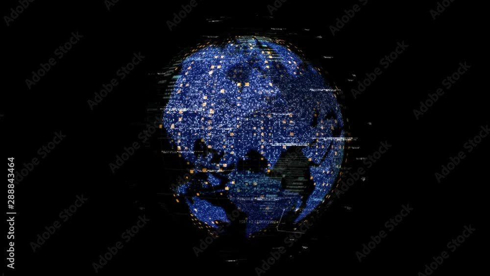 Fototapete Futuristic global communication via broadband internet connections between cities around the world with matrix particles continent map for head up display background