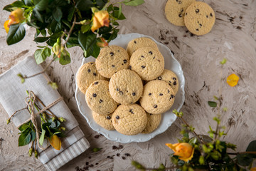 Chocolate Oatmeal Biscuit. Crispy and crumbly delicious cookies with natural ingredients: flour, nuts, seeds, pieces of chocolate, cocoa, fruit jams. Spring flower still life