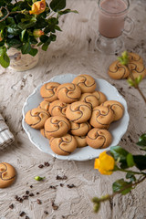 Сhocolate nut biscuit. Crispy and crumbly delicious cookies with natural ingredients: flour, nuts, seeds, pieces of chocolate, cocoa, fruit jams. Spring Flower Still Life