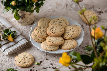 Dietary fitness biscuit without sugar with sunflower seeds, flax and sesame. Crispy and crumbly delicious cookies with natural ingredients: flour, nuts, seeds, pieces of chocolate, cocoa
