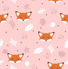 Cute fox with leaves decoration seamless pattern