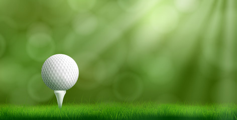 Golf ball resting on tee pushed into ground, cowered thick lawn grass, blurred with bokeh sunbeams on background 3d realistic vector illustration. Golf tournament ad banner template with copyspace - obrazy, fototapety, plakaty