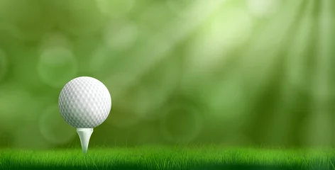 Foto auf Acrylglas Golf ball resting on tee pushed into ground, cowered thick lawn grass, blurred with bokeh sunbeams on background 3d realistic vector illustration. Golf tournament ad banner template with copyspace © vectorpocket