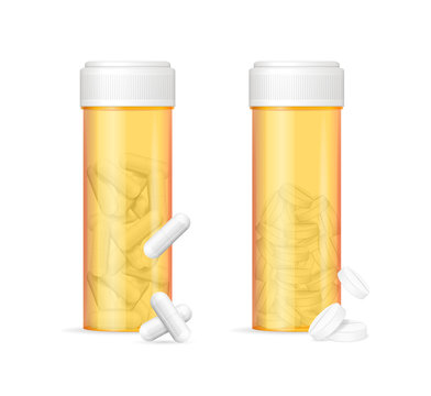Realistic Detailed 3d Orange Pills Bottle and Tablet Set. Vector