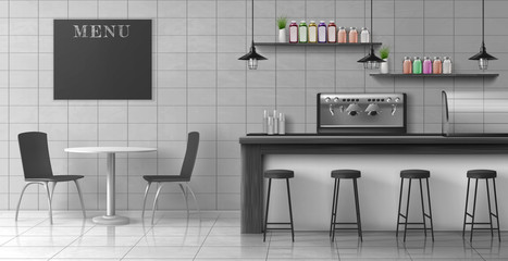 Coffeehouse interior in loft style with stools near bar counter desk, coffee machine, glass showcase, hanging lamps, bottles on shelves, chalkboard menu, table, chairs 3d realistic vector illustration