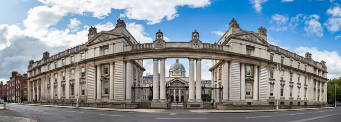 Panorama of the main entrance facade of the Government Buildings - Tithe an Rialtais in Dublin,...