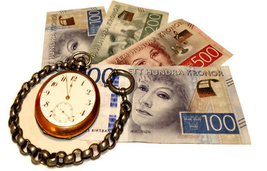 Swedish money bills and clock almost twelve.