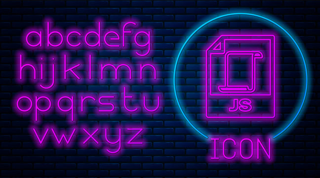 Glowing neon JS file document. Download js button icon isolated on brick wall background. JS file symbol. Neon light alphabet. Vector Illustration