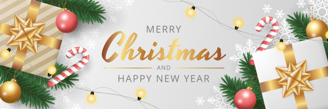 Merry Christmas banner template with realistic christmas elements. Vector illustration 