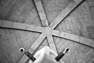 Old medevial foutain view from above. Brick wall in black and white from France Thoronet. 