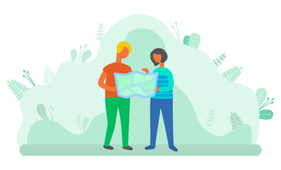 People get lost while traveling vector, man and woman holding atlas reading information on paper. Summertime summer vacation trip of couple flat style