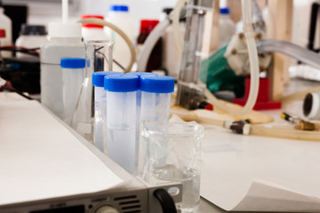 flasks, test tubes in chemical laboratory