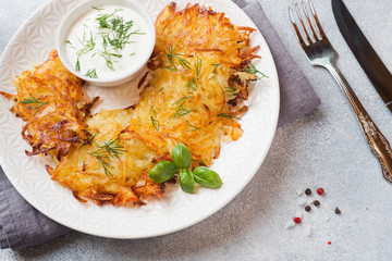 Fried cakes of grated potatoes on the plate with sauce. Traditional pancakes boxty raggmunk