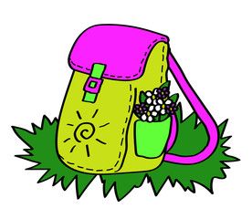 Camping backpack with flowers on a white background. Vector illustration.