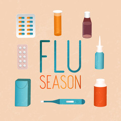 PrintVector illustration set of pills, medicines, drugs, supplements and vitamins for autumn flu season. Nasal spray, thermometer, tissues. 