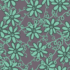 A seamless vector pattern with flowersandtangled vines in patina green color. Surface print design.