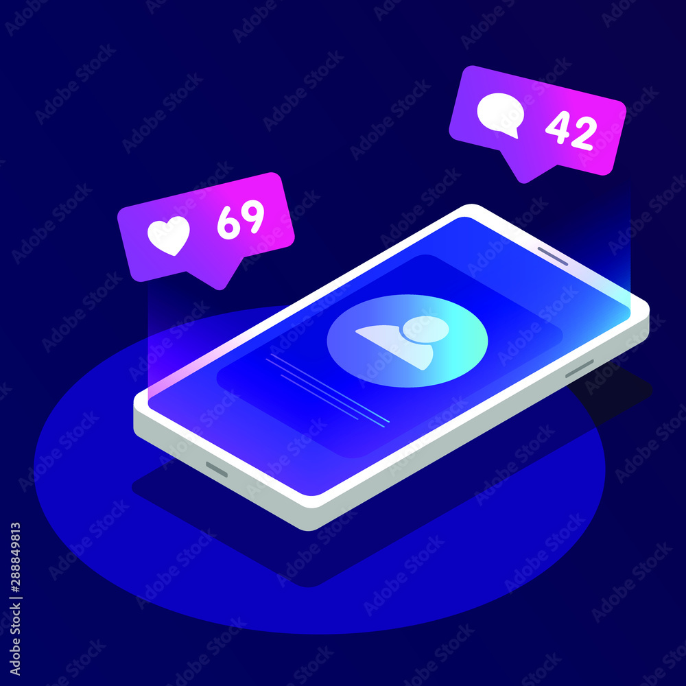 Poster mobile smart phone with likes, messages, new comments and followers push notification isometric conc