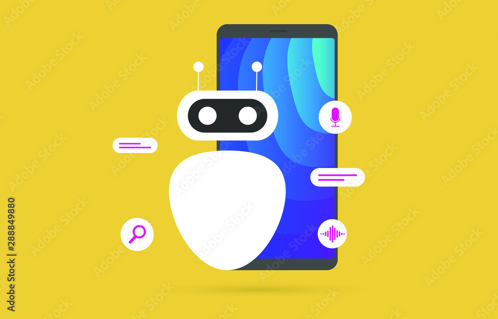 Poster chatbot service flat vector concept, artificial intelligence network illustration with robot. ai tec