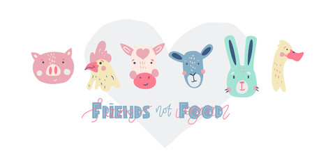 Friends not food. I am vegan. Set of cute pet animals.