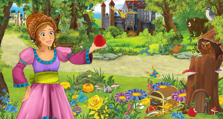 cartoon scene with young girl princess in the forest near some castles in the forest - illustration for children