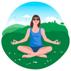 The girl sits in a lotus position and meditates in the mountains. Girl in the mountains. Harmony with nature. Vector illustration.